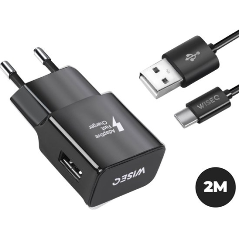 WISEQ Oplader voor Samsung - Inclusief USB C oplaadkabel van 2 meter - zwart