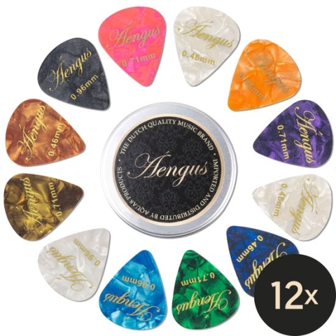 12 Plectrums in aluminium doosje - Celluloid plectrum set - thin 0.46, medium 0.71 en thick 0.96 mm