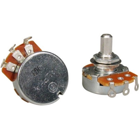250K linear potentiometer, solid shaft, short bushing .250, 3/8 diameter, for Pickguard mount