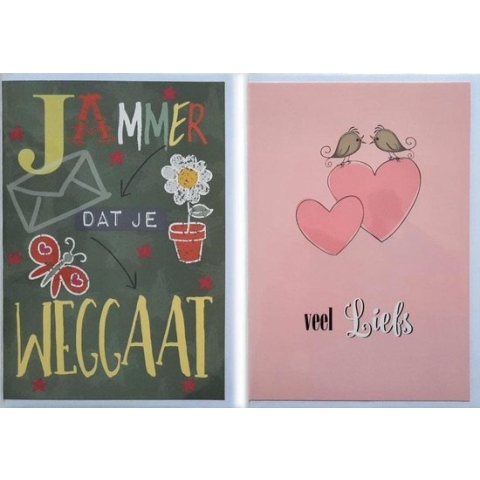 2 Wenskaarten - Jammer dat je weggaat + Veel Liefs – 12 x 17 cm