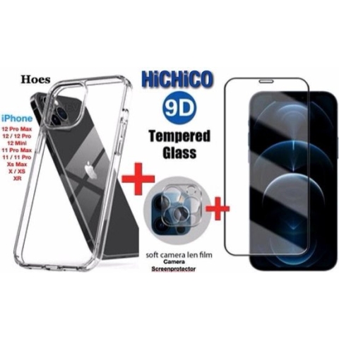 Apple iPhone 11 Hoesje Transparant Shockproof Case + Screenprotector Tempered Glass + Camera Screenprotector Tempered Glass 9H 2.5D 0.3mm – ( Extra Voordelig ) HiCHiCO