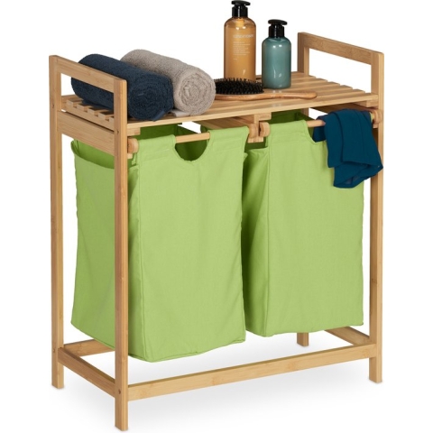 Relaxdays dubbele wasmand - bamboe - 2 vakken - met poten - badkamerrek - wassorteerder