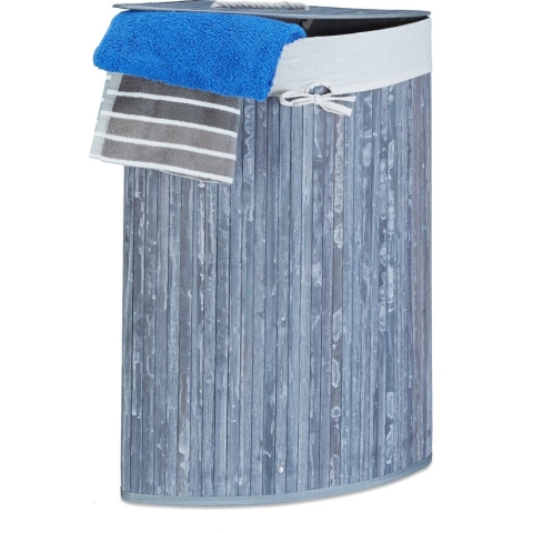 Relaxdays wasmand hoekmodel bamboe - 60 liter - deksel - wasbox - driehoekig - grijs