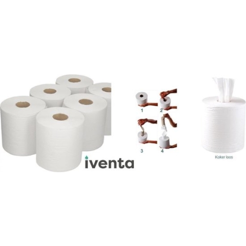 6x Handdoek rol, centrefeed, celluloise, wit, 300 meter, 1 laags, zonder koker