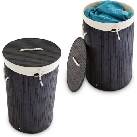 Relaxdays 2x wasmand bamboe - wasbox met deksel - 70 liter - rond - 65 x 41 cm - zwart