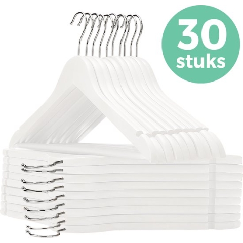 LifeGoods Kledinghangers - Met Broeklat - Hardhout - Wit - 30 Stuks