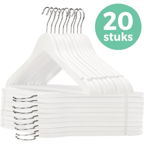 LifeGoods Kledinghangers - Met Broeklat - Hardhout - Wit - 20 Stuks