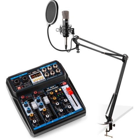 Podcast starterset - Vonyx podcast starterset met CMS400 studiomicrofoon met verstelbare microfoonarm en VMM-P500 USB mixer met Bluetooth - Complete set, plug-and-play!