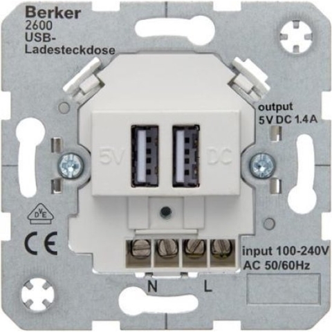 Berker USB stopcontact - 2 voudig - 1.4A - basiselement - 260009