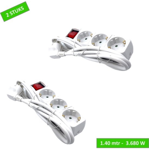 Elektrofix Stekkerdoos - 3 voudig - Met schakelaar - Kabel 1.40m - 3680 watt - Wit - 2 stuks