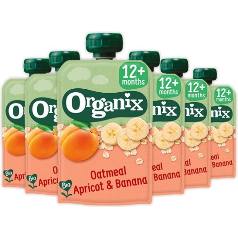 6x Organix Knijpfruit 12+m Havermout Abrikoos & Banaan 100 gr