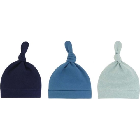 3 pack - Newborn Babymutsjes met Knoop - Mintgroen - Blauw