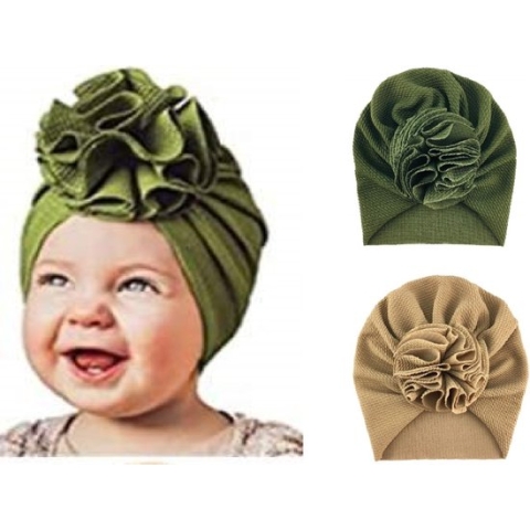 2 Stuks - Babymutsjes met Bloem (3-15 mnd) - Groen en Taupe