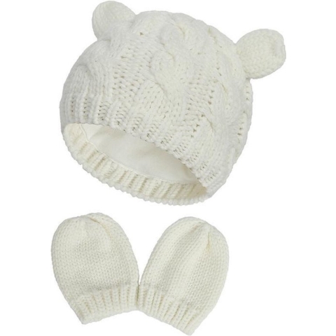 Set baby gebreide muts (katoenen voering) en wanten wit - 3-6 mnd - M