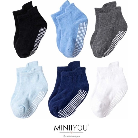 6 Paar - Antislip Sokken Kind Baby - 1-3 jaar - Blauw Grijs - Enkelsokken - Verbeterde kwaliteit