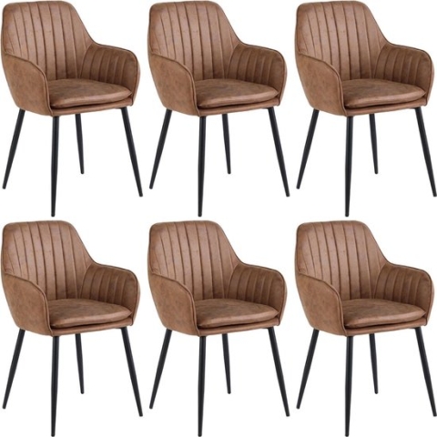 Colenis - Lavinia Eetkamerstoel - Set Van 6 - Cognac - Microfiber - Industrieel - Met armleuning