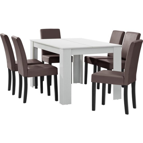 Eetkamerset Nora eethoek 7-delig tafel en stoelen wit en bruin
