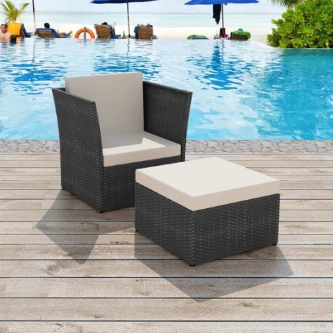 The Living Store-Tuinstoel-met-voetenbank-poly-rattan-zwart - Tuinstoel