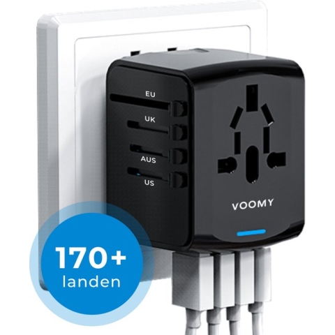 Voomy Universele Wereldstekker - 170+ Landen - 4 USB Poorten - Reisstekker Wereld - Zwart