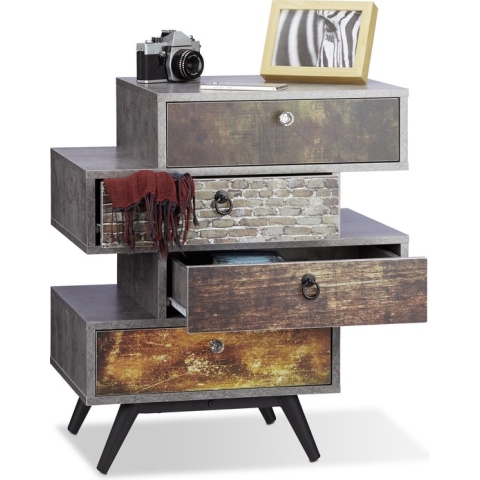 relaxdays vintage dressoir met 4 lades - betonnen look - ladekast met motief - commode