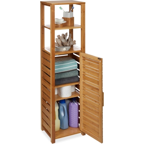 Relaxdays badkamerkast bamboe - badkamerrek hout - 6 planken - met deur - vochtresistent