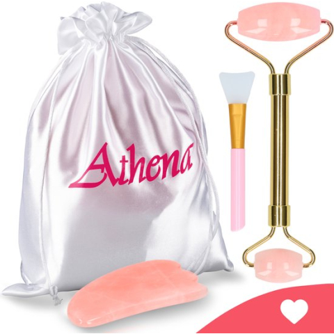 Premium Gua Sha Gezichtsroller set - Gezichtsmassage Jade roller met Rozenkwartz Steen schrapers | Athena
