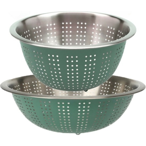 Excellent Houseware RVS keuken vergiet/zeef - set met 2 formaten - groen - Diameter 24 en 27 cm