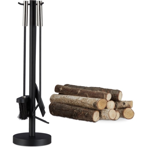 Relaxdays haardset - haardstel modern - 4-delig - staal en RVS - open haard gereedschap
