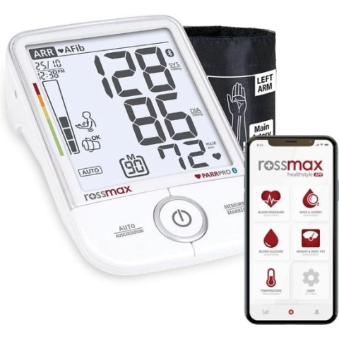 Rossmax X9 BT - Professionele Bloeddrukmeter Bovenarm - Klinisch Gevalideerd - Hartslagmeter - 2 meetmethodes - Stethoscoop - Bluetooth - Smartphone App - Onregelmatige Hartslag, AFib, PC, TACH, BRAD Detectie - Geheugen - 3 Manchetten S,M,L 16-46 cm