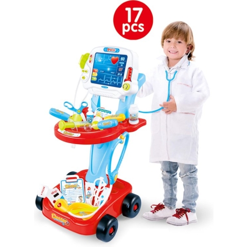 Dokter Speelset Trolley | Speeltafel 3+ | Inclusief 17 accessoires | 32x32x58cm