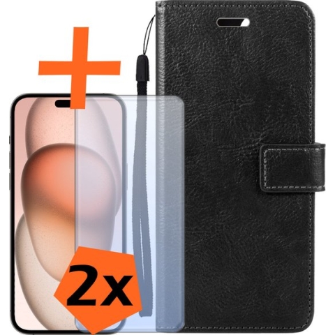 iPhone 15 Pro Max Hoes Bookcase Flipcase Book Cover Met 2x Screenprotector - iPhone 15 Pro Max Hoesje Book Case - Zwart