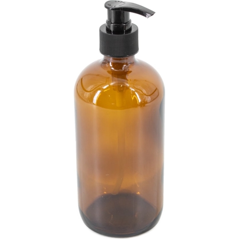 Glazen amber fles met zwarte plastic pomp