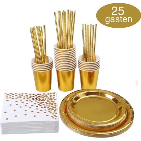 Goud Verjaardag Wegwerp Servies Set - Party Servies - Borden en Bekers Feestartikelen - 25 Gasten - Feestservies