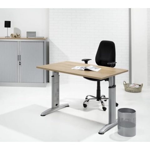 Hoogte verstelbaar bureau T- Poot Work breed 160CM diep 80CM bladkleur Havanna framekleur Zwart (RAL9005)
