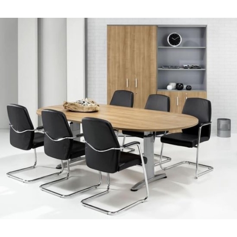 Hoogte verstelbare ovale t-poot vergadertafel Work breed 240CM diep 120CM bladkleur Kersen framekleur Aluminium (RAL9006)
