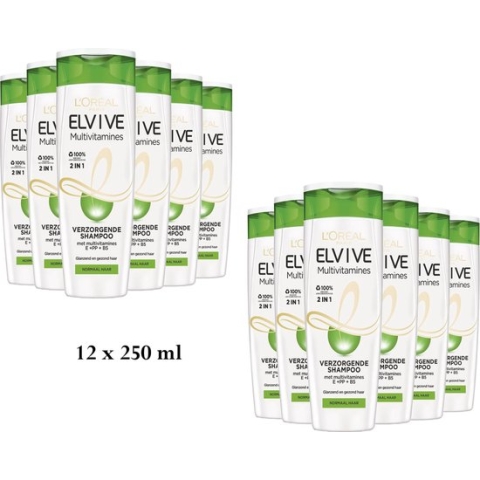 L’Oréal Paris Elvive Multivitamines 2 in 1 Shampoo - 12 x 250 ml - Voordeelverpakking - Jumbopakket