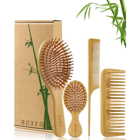 Boxed Bamboe Haarborstel en Kam Set - Hoofdhuid Massage Borstel - Hoofdmassage - Haargroei Versneller - Milieuvriendelijk - Alle Haartypen - Verschillende Maten