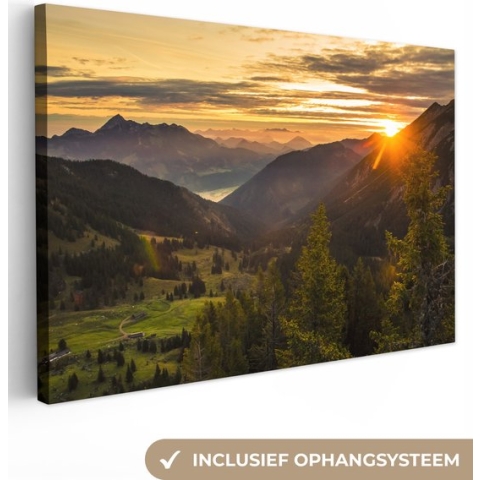 Canvas Schilderij Alpen - Berg - Zon - 150x100 cm - Wanddecoratie