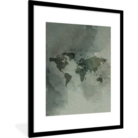 Fotolijst incl. Poster - Wereldkaart - Aquarelverf - Grijs - 60x80 cm - Posterlijst