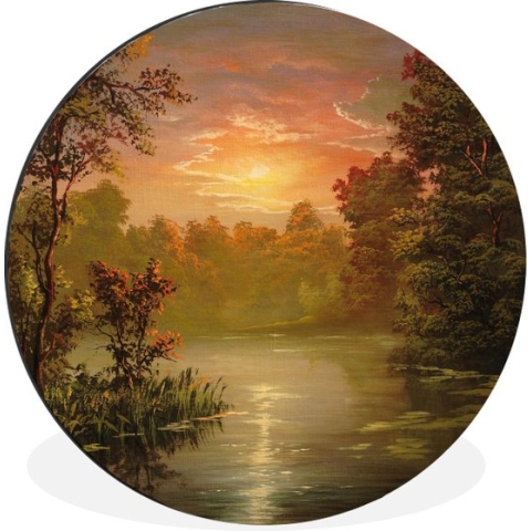 WallCircle - Wandcirkel - Muurcirkel - Herfst - Zon - Rivier - Waterverf - Aluminium - Dibond - 60x60 cm - Binnen en Buiten