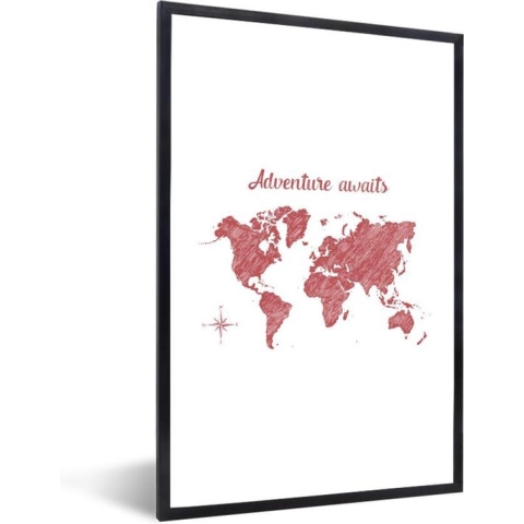 Fotolijst incl. Poster - Wereldkaart - Adventure - Kompas - 80x120 cm - Posterlijst