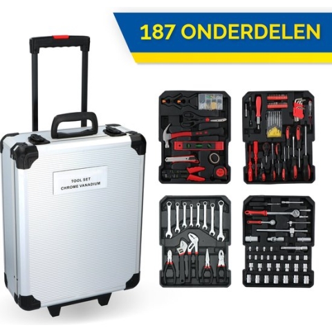 Kinzo handgereedschapset - 187-delig - in Aluminium Rolkoffer - CR-V-Staal