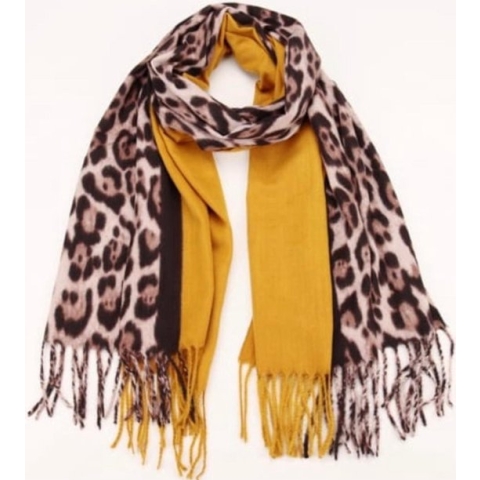 Dames lange sjaal warm met panterprint okergeel/beige/zwart