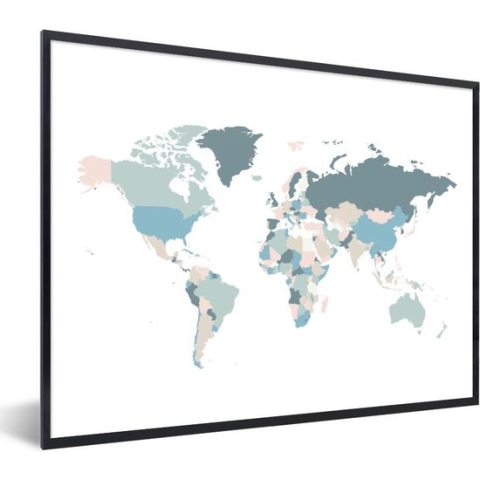 Fotolijst incl. Poster - Wereldkaart - Pastel - Landen - 80x60 cm - Posterlijst