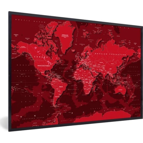 Fotolijst incl. Poster - Wereldkaart - Stoer - Rood - 120x80 cm - Posterlijst