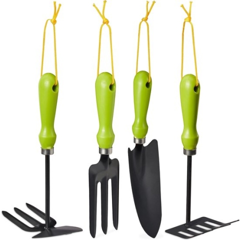 Relaxdays tuingereedschap set - bloemenschepje - handhark - rooi vork - schoffel - groen