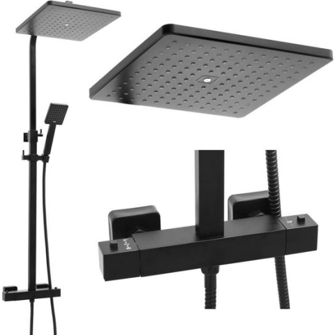 Doucheset zwart - met Regendouche 30cm - en Thermostaatkraan