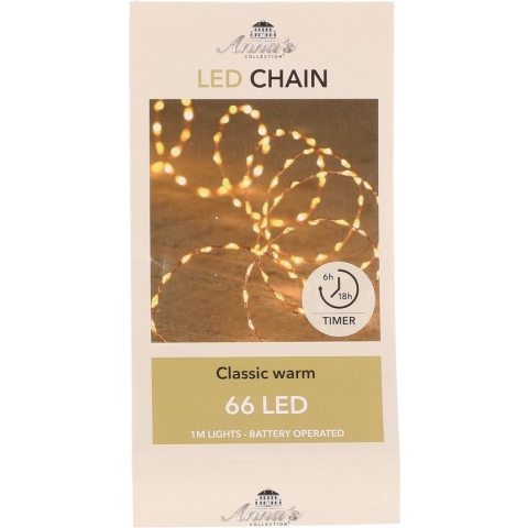 1x Koperdraad draadverlichting classic warm met timer 66 LED lampjes - Koperdraad sfeerverlichting - op batterij