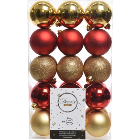 Decoris Kerstballen - 30 stuks - goud en rood - kunststof - 6 cm