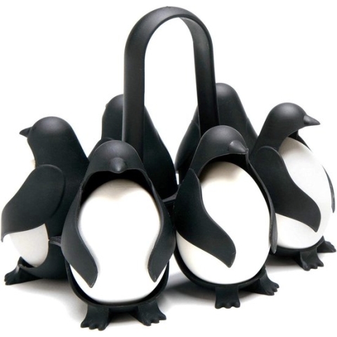 Egguins, universele eierhouder, eierkookmand, eierdop, grappig, zwarte eierbewaardoos, kunststof